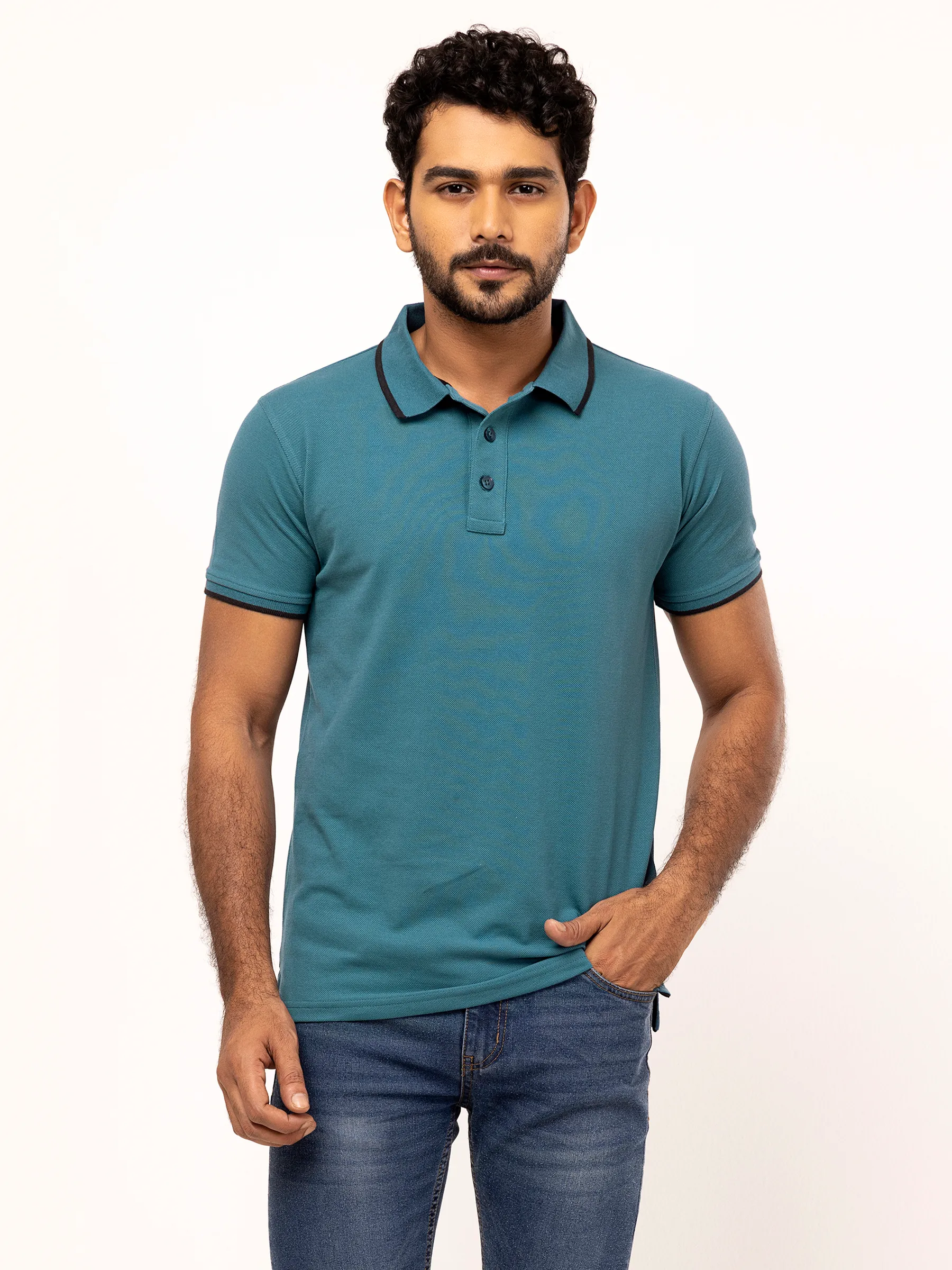 Teal Mixed Cotton Polo Shirt